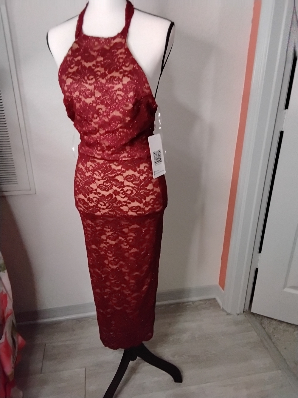 Emerald Sundae Burgundy Lace Halter Maxi Dress